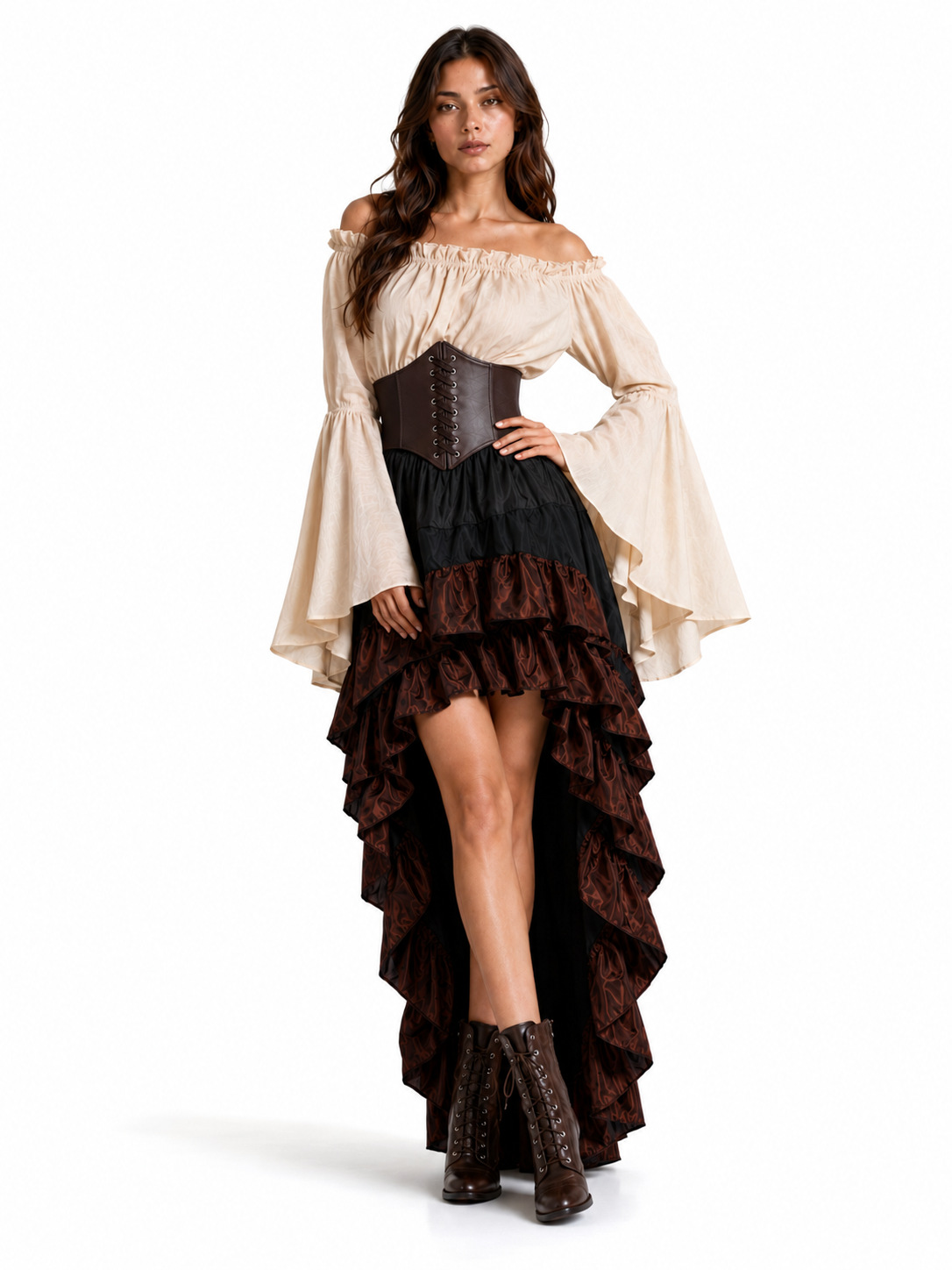 3Pcs Medieval Pirate Costume - Elizabeth Rose Embroidery Corset Ruffled Outfit